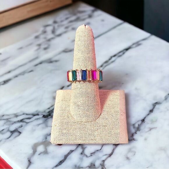 Multi-color Baguette Rhinestone Gold Tone Ring Size 6.75 NWT - Picture 3 of 3
